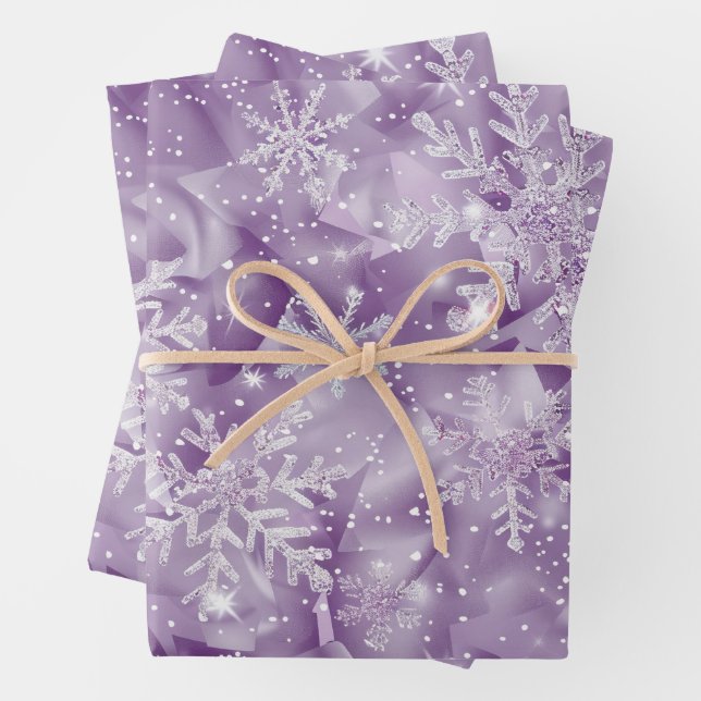 Sparkling Purple Snowflake Pattern Wrapping Paper Sheet (In situ)