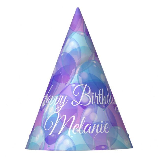 Sparkling Purple Teal Blue Birthday Party Balloons Party Hat (Front)