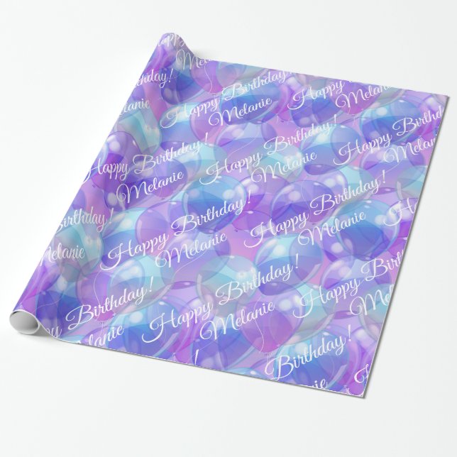 Sparkling Purple Teal Blue Birthday Party Balloons Wrapping Paper (Unrolled)