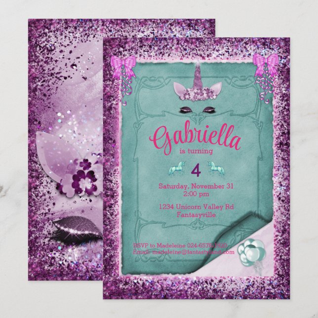 Sparkling Purple Unicorn Birthday Invitation (Front/Back)