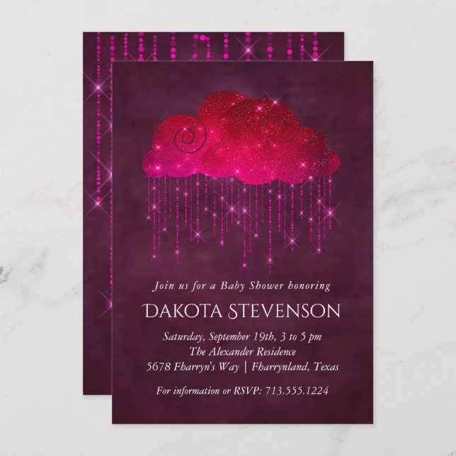 Sparkling Rain Clouds | Dark Pink Baby Shower Invitation (Front/Back)
