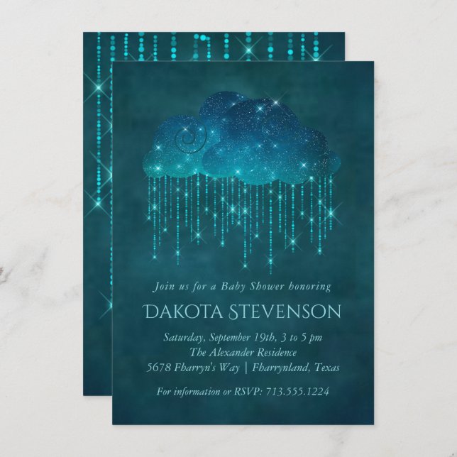 Sparkling Rain Clouds | Moody Teal Baby Shower Invitation (Front/Back)