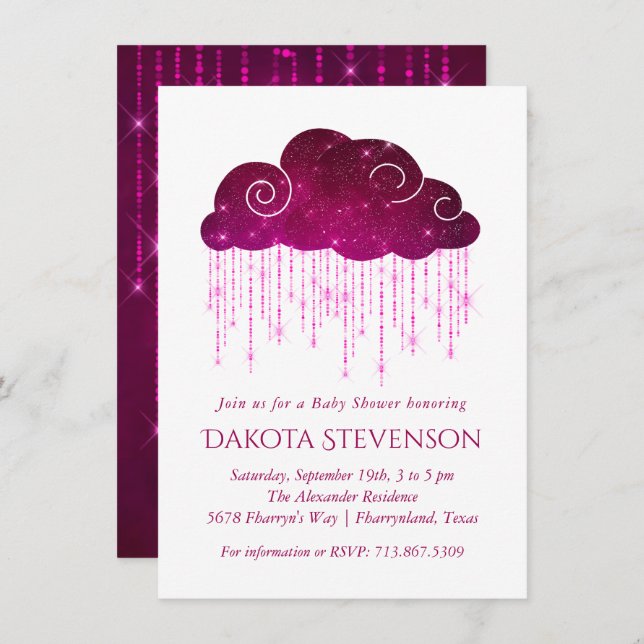 Sparkling Rain | Dark Pink Monochrome Baby Shower Invitation (Front/Back)