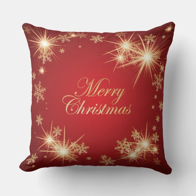 Sparkling Red and Golden Snowflakes Christmas Throw Pillow (Front)