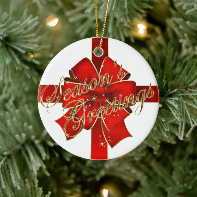 Sparkling Red Bow Season's Greetings Ornament (Tree)