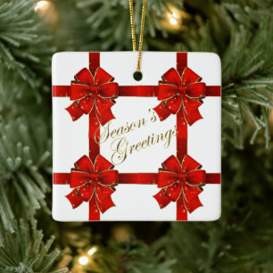 Sparkling Red Bow Season's Greetings Ornament