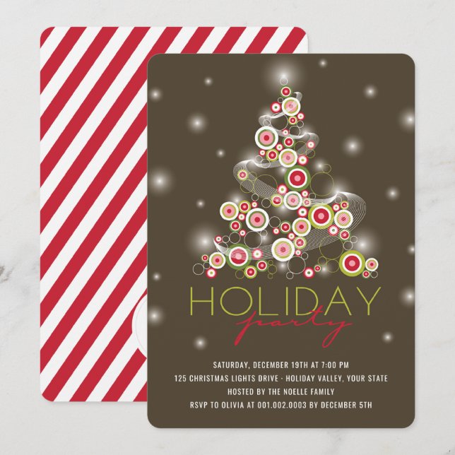 Sparkling Red Circles Christmas Tree Holiday Party Invitation (Front/Back)