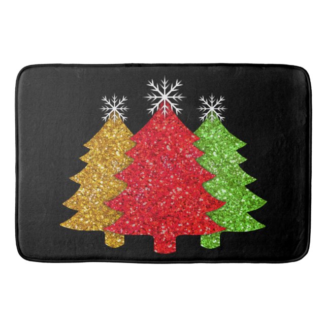 Sparkling red gold green Christmas tree snowflake Bath Mat (Front)