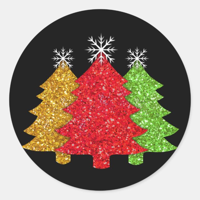 Sparkling red gold green Christmas tree snowflake Classic Round Sticker (Front)