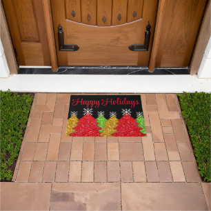 Sparkling red gold green Christmas tree snowflake Doormat