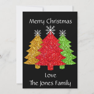 Sparkling red gold green Christmas tree snowflake Holiday Card