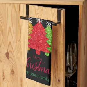 Sparkling red gold green Christmas tree snowflake Kitchen Towel
