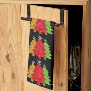 Sparkling red gold green Christmas tree snowflake Kitchen Towel