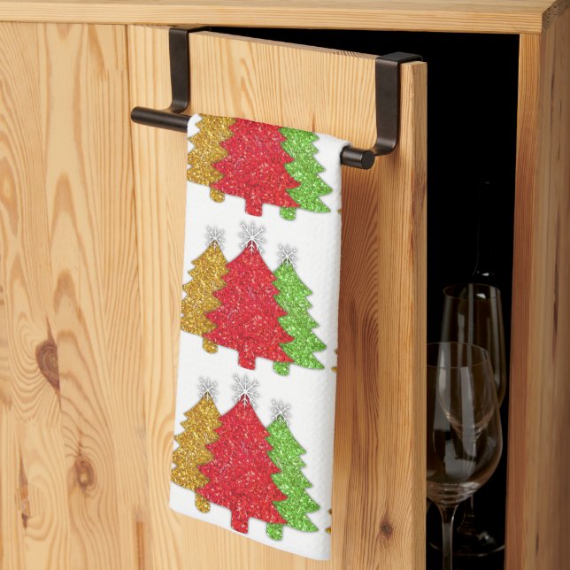 Sparkling red gold green Christmas tree snowflake Kitchen Towel (Thirds Fold)