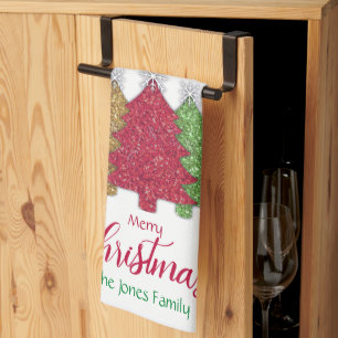 Sparkling red gold green Christmas tree snowflake Kitchen Towel