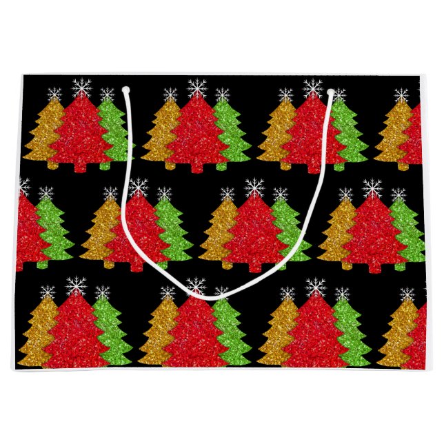 Sparkling red gold green Christmas tree snowflake Large Gift Bag (Front)