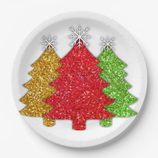 Sparkling red gold green Christmas tree snowflake Paper Plate (Front)