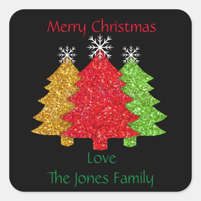 Sparkling red gold green Christmas tree snowflake Square Sticker (Front)