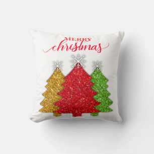 Sparkling red gold green Christmas tree snowflake Throw Pillow