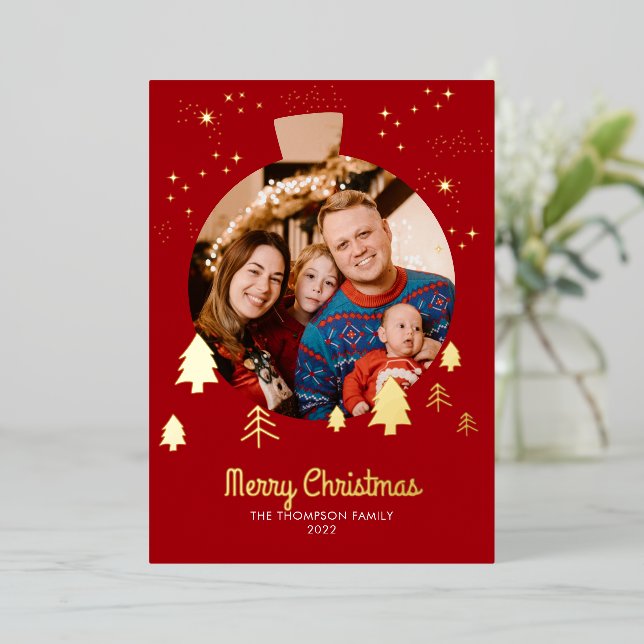 Sparkling Red Pine Tree Christmas Ball Photo Frame Foil Holiday Card (Standing Front)