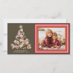 Sparkling Red Retro Circles Christmas Tree Photo Holiday Card