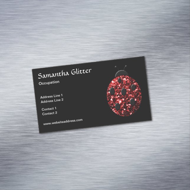 Sparkling red sparkles Ladybird Ladybug Black Magnetic Business Card (In Situ)