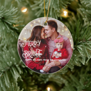 Sparkling Red Star Merry Bright Christmas Ceramic Ornament