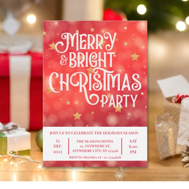 Sparkling Red Star Merry Bright Christmas Party Invitation (Creator Uploaded)