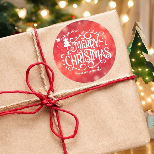 Sparkling Red Star Merry Christmas Classic Round Sticker (Creator Uploaded)