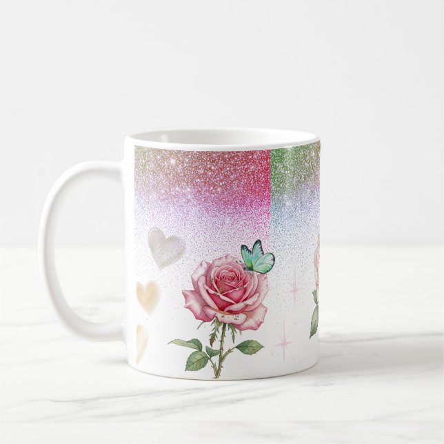 Sparkling Rose and Butterfly Coffee Mug (Left)