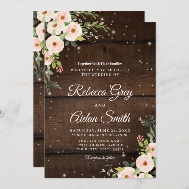Sparkling rustic floral Wood Wedding  Invitation (Front/Back)
