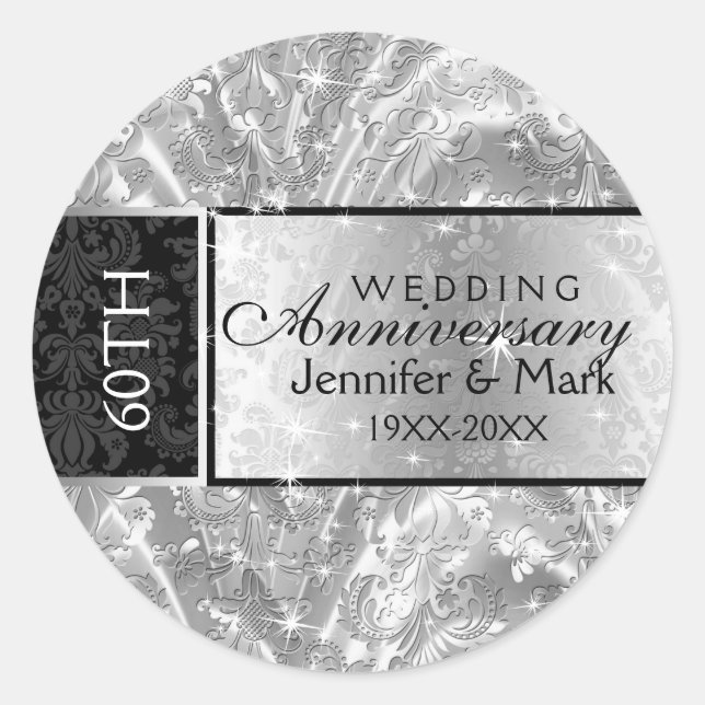Sparkling Silver 60th Wedding Anniversary Classic Round Sticker (Front)