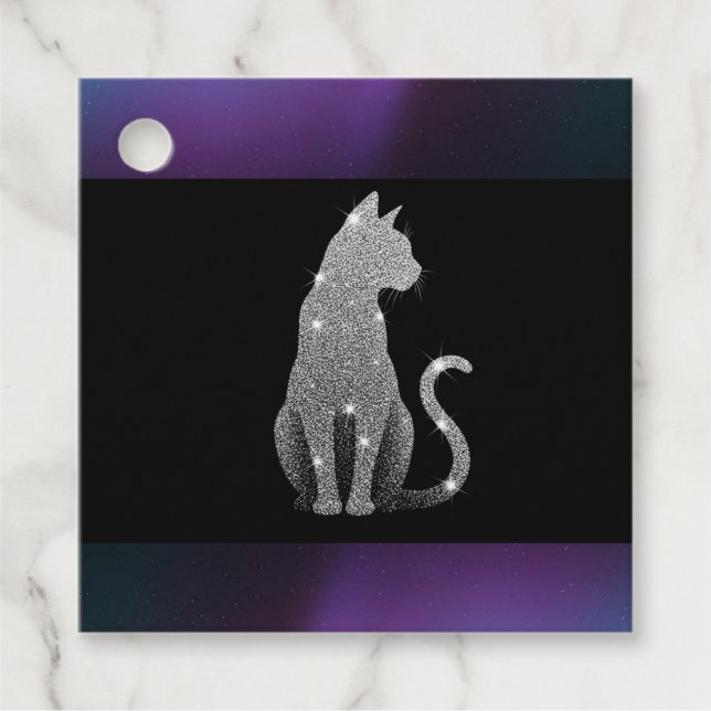 Sparkling Silver Cat Favour Tags (Front)