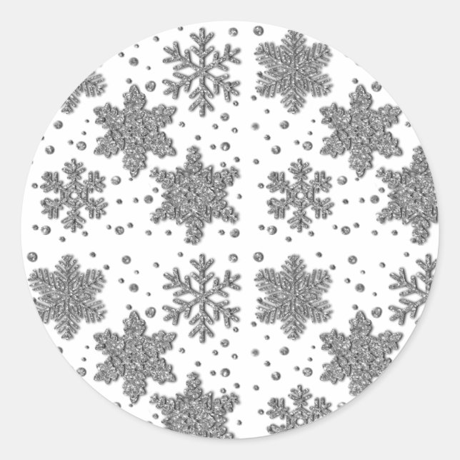 Sparkling silver tinsel snowflakes holiday pattern classic round sticker (Front)