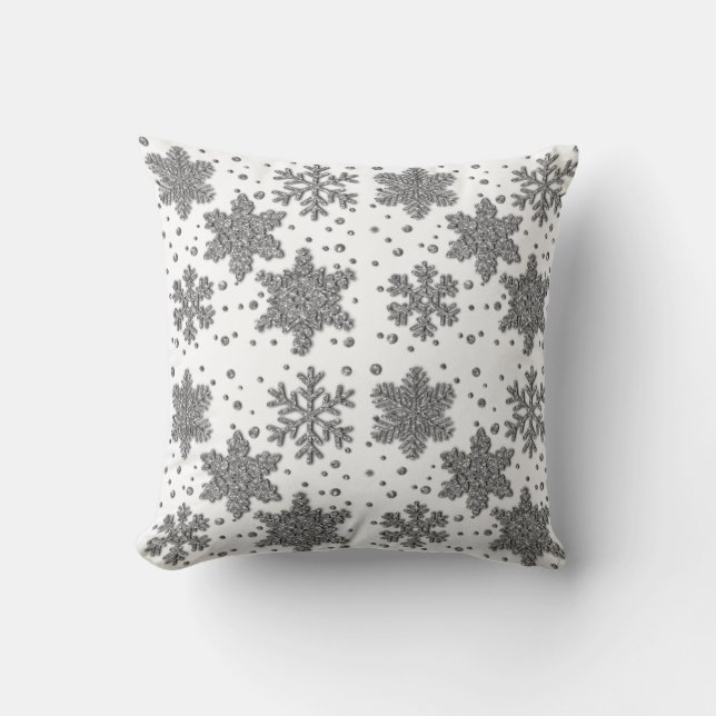 Sparkling silver tinsel snowflakes holiday pattern throw pillow (Front)