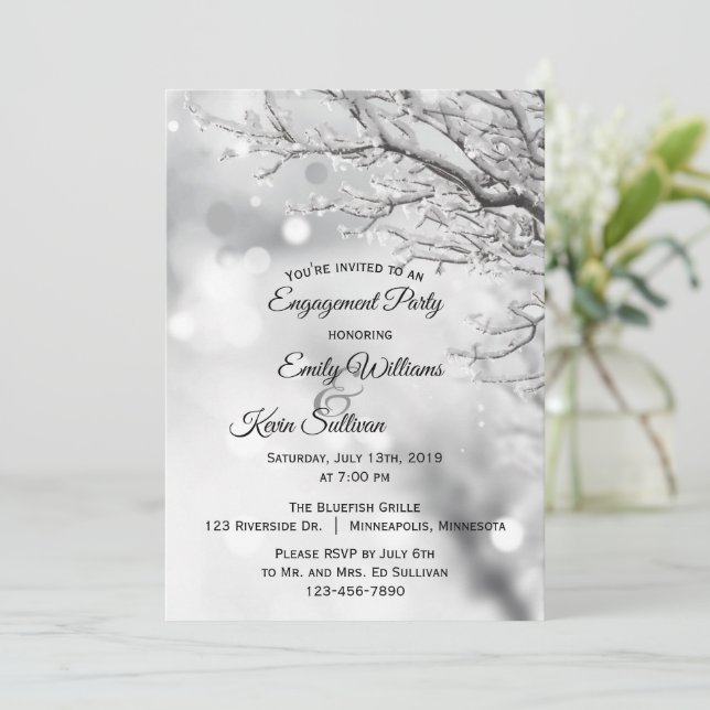 Sparkling Snow and Ice Winter Engagement Party Invitation (Standing Front)