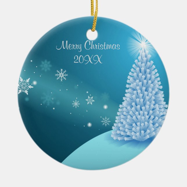 Sparkling snow landscape ceramic ornament (Front)