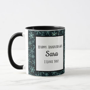 Sparkling Snowflakes White Blue in Black Night Sky Mug