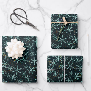 Sparkling Snowflakes White Blue in Black Night Sky Wrapping Paper Sheet