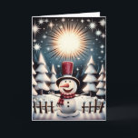 Sparkling Snowman Joy Holiday Card<br><div class="desc">Our jolly snowman stands with open arms in a snowy forest under a twinkling, star-filled sky. He welcomes the magic of the season. Dressed in his festive red top hat and striped, warm cozy scarf. He shines brightly, surrounded by frosted trees and little cottages. This heartwarming scene is filled with...</div>