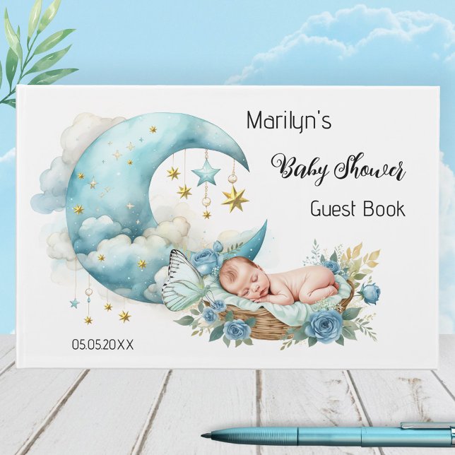 Sparkling Stars and Moon Boy Baby Shower Guest Book (Baby shower guest book featuring a watercolor dreamy baby boy with a moon and sparkling stars)