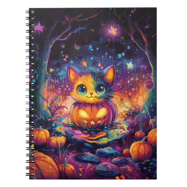 Sparkling Stars Cat in a Halloween Pumpkin Patch Notebook (Front)