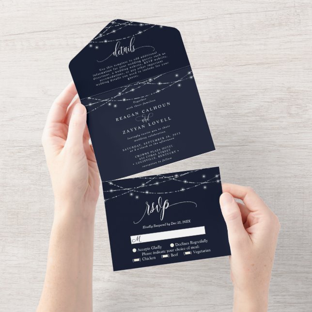 Sparkling String Lights Elegant Navy Blue Wedding All In One Invitation (Tearaway)
