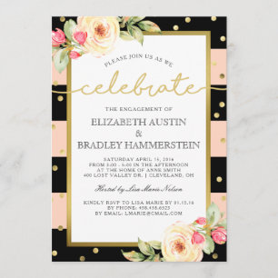 Sparkling Stripes   Floral Engagement Party Invitation