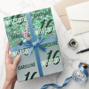 Sparkling Sweet 16 Falling Green Glitter Wrapping Paper