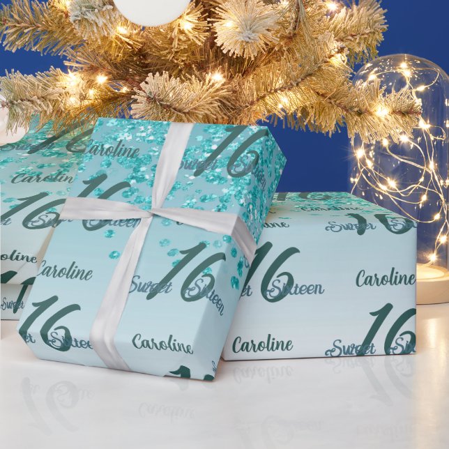 Sparkling Sweet 16 Falling Teal Blue Glitter Wrapping Paper (Holidays)