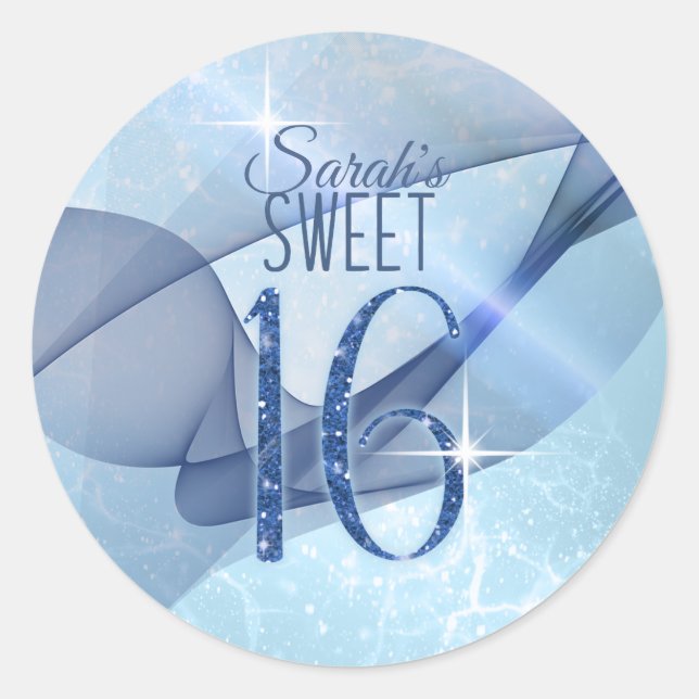 Sparkling Swirls Sweet Sixteen Blue ID652 Classic Round Sticker (Front)