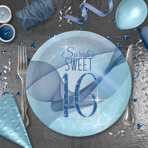 Sparkling Swirls Sweet Sixteen Blue ID652 Paper Plate