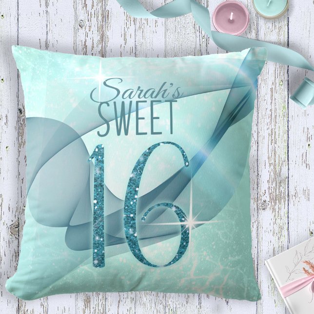 Sparkling Swirls Sweet Sixteen Teal ID652 Throw Pillow (Creator Uploaded)