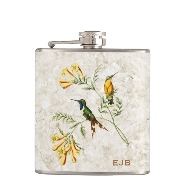 Sparkling Tailed Hummingbird Monogram Hip Flask (Front)